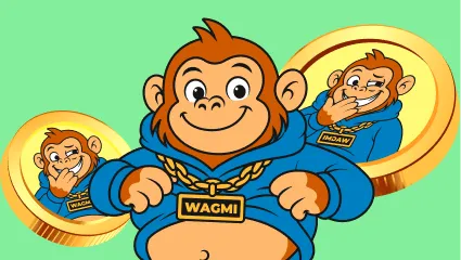 Ape showing his belly and chain with "WAGMI" on it with coins behind him