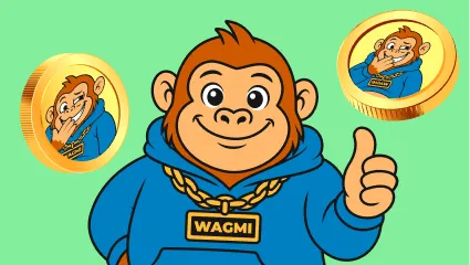 Ape laughing with thumbs up and coins behind him