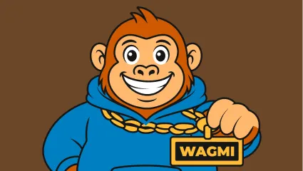 Ape showing his chain with "WAGMI" on it