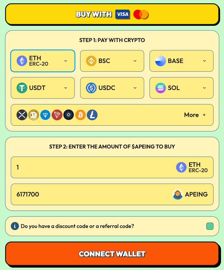 Visual of the CONNECT WALLET button on the Apeing Buy Page.