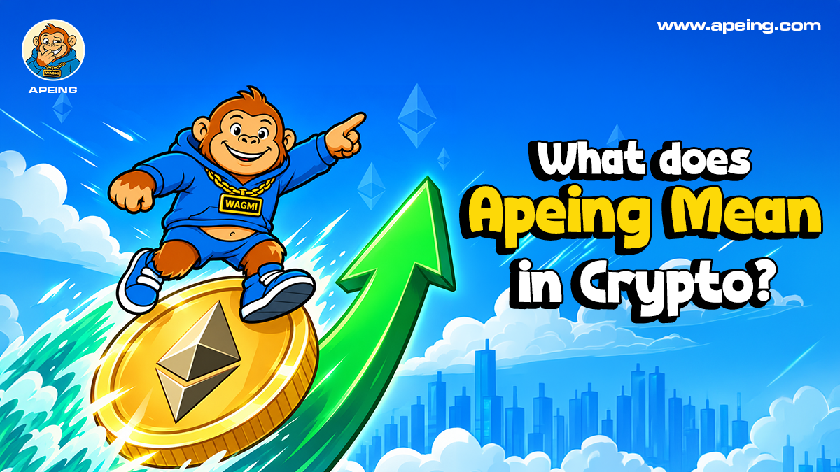 Image of the Apeing mascot with the caption "What Does Apeing Mean In Crypto"