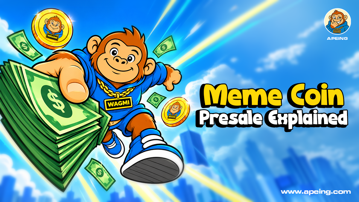 Apeing Mascot with the caption "Meme Coin Presale Explained".