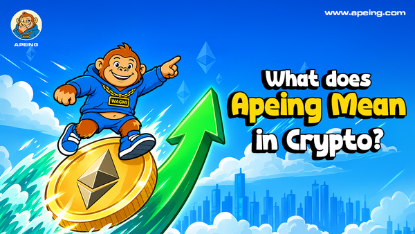 Image of the Apeing mascot with the caption "What Does Apeing Mean In Crypto"